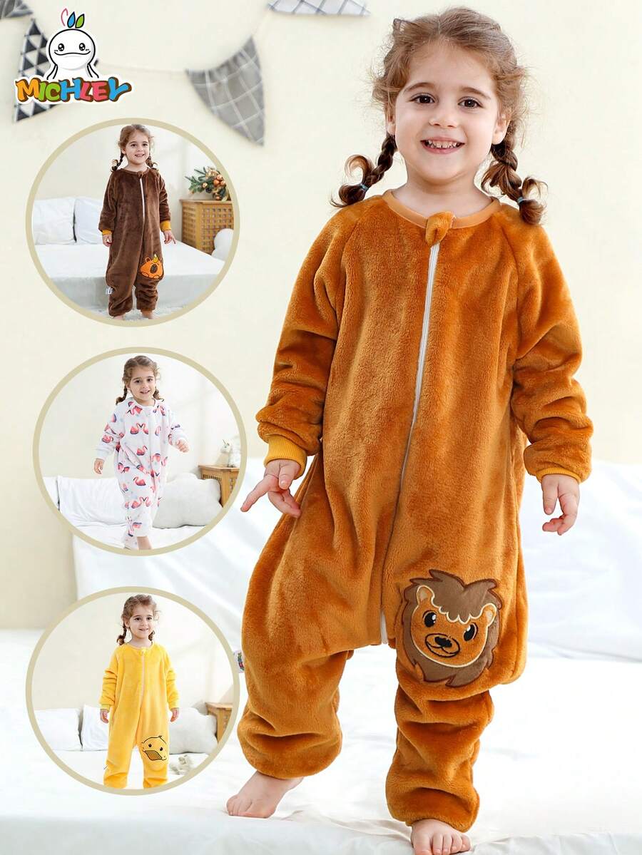 MICHLEY 1pc Baby Cartoon Animal Flannel Cute Sleeping Bag, Long Sleeve Zipper Comfortable Unisex Infant Supplies, Suitable For Living Room, Halloween, Party Wear