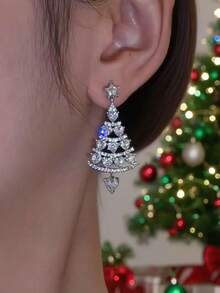 1對歐美風聖誕耳環，油滴 Christmas Tree 造型耳環 - 銀色 - 查看 1