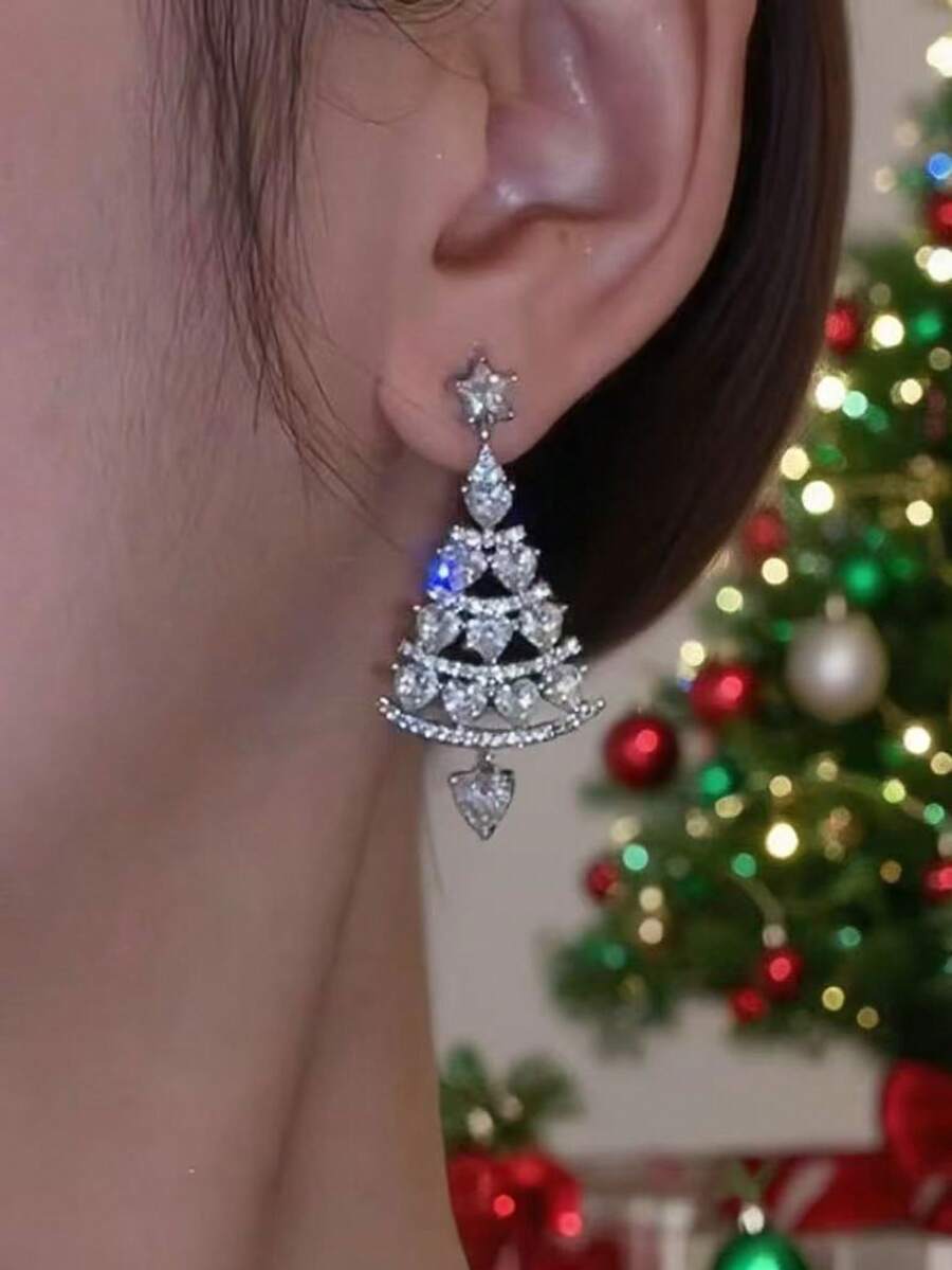 1對歐美風聖誕耳環，油滴 Christmas Tree 造型耳環 - 銀色 - 查看 1