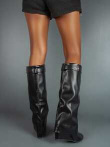 女士新款过膝长靴，圆头坡跟高跟，套穿式设计，鲨鱼扣装饰，复古街头风设计师款 - 黑色 - 查看 9