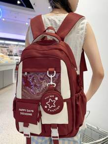 大容量防水 PVC 透明双口袋扣背包，适合女士，便携式多口袋学院风学生书包，带小圆包，适合上学、通勤、旅行、返校季