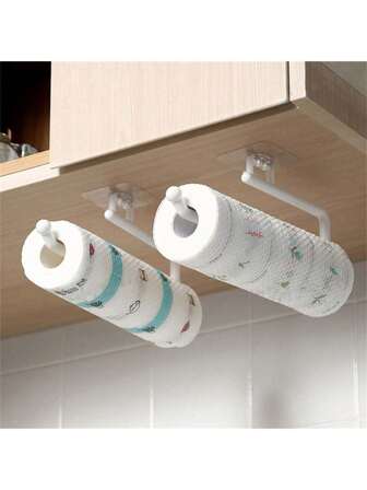 1pc No Drilling Required Kitchen Paper Towel Holder With Cling Film Storage Rack, Hook For Bathroom Sponge And Scouring Pad