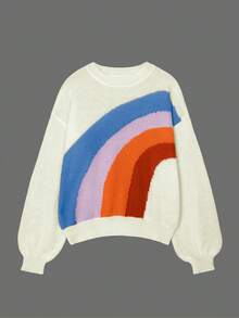 Women's Colorblock Rainbow Patchwork Design Casual Loose Fit Crew Neck Sweatshirt, Fashion, Autumn/Winter - Multicolor - View 4