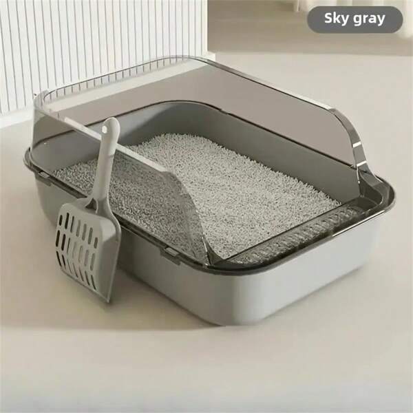 Three Pieces Set, High-Quality Plastic Litter Box Semi-Closed, Easy For Cats To Enter And Exit, With Litter Spatula, Square High Edge Design, Splash Guard Easy To Clean, Is The Best Gift For Cats, No Litter, No Lid, Not Fully Enclosed