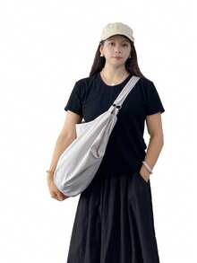 Bolso de hombro de gran capacidad con patrón de unicolor, bolso cruzado minimalista de estilo para mujer de vuelta al colegio, bolso de tela de nailon, bolso casual y práctico multiusos, adecuado para trabajo, estudio y viaje - Gris Claro - Ver 3