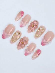 10 件装温柔甜美风格杏仁粉状腮红按压指甲，粉状腮红花朵设计，镀金边缘装饰和粉色渐变点缀纯手工美甲，夏季必备假指甲，适合日常佩戴、婚礼、派对和节日，是送给女士和女孩的最佳礼物 - 淺粉色 - 查看 2