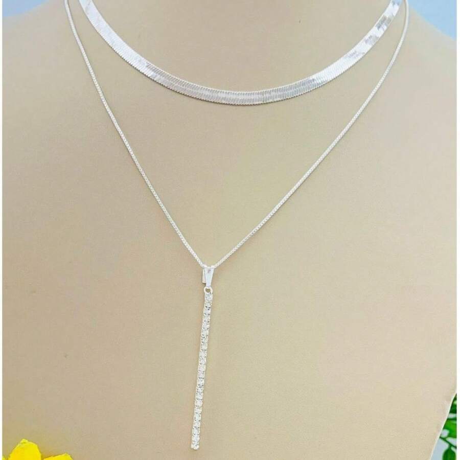Colar Feminino Corrente Dupla Laminado Fileira Com Zircônias Luxo Folheado Ajustavel - Prata Palito - Visão 1