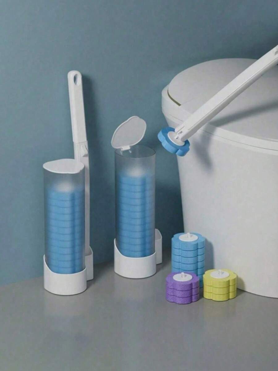 1套一次性马桶刷（1个刷头+1个底座+24个替换头），3色海绵替换头套装，无死角，适合清洁马桶和家庭使用