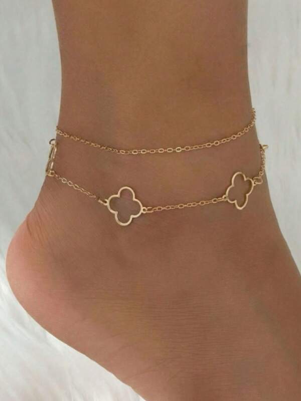 1 Stück modischer, minimalistischer, Cut Out Doppelschicht Kleeblatt Fußkette für Frauen