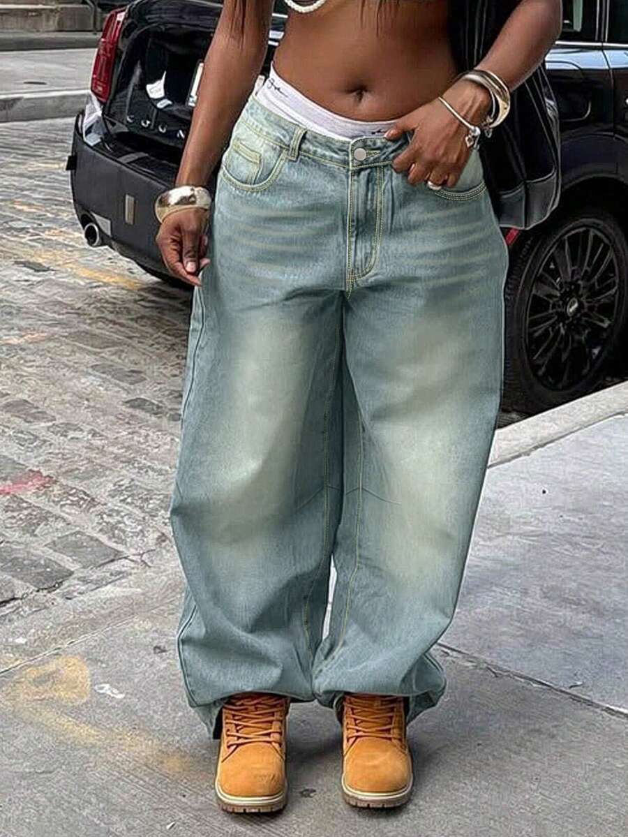 Vacation-Inspired Women's Streetwear Y2K-Style Tapered Wash-Blue Vintage-Distressed Wide-Leg Stacked Denim Jeans - Rửa trung bình - Xem 1