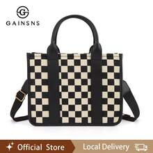 GAINSNS Checkered Mini Tote Bag For Women Shoulder Bags Crossbody Bag Handbag Satchel Bag Teacher Handbag - School Work Office Travel Beach, Chessboard Black And Brown - 彩色 - 查看 2