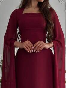 优雅时尚披肩袖宫廷风修身连衣裙，适合毕业典礼、婚礼等场合，高端优雅长袖斗篷式性感修身优雅长袖连衣裙，酒红色，春季必备 - 酒紅色 - 查看 3