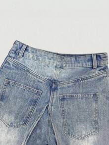 GLOURI Barrel Jeans For Women, Baggy Jeans - 2 In 1 High Waist Vintage Washed Denim With Faux Two-Layer Overlay Design & Side Zipper | Urban Explorer Pants For Weekend Street Style - 藍色 - 查看 8