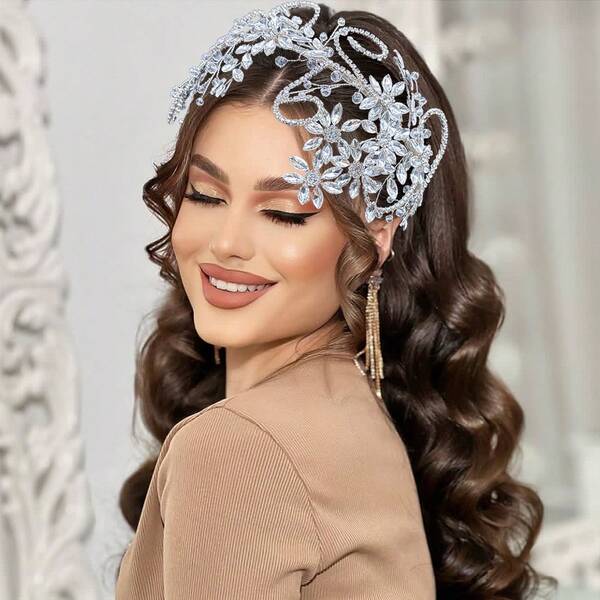 1pc Women's Silver Crystal Headpiece, Handmade Beaded Bridal Hair Hoop, Wedding Engagement Party Hair Accessory