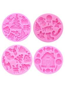 1-4件裝 粉色液態矽膠材質 矽膠模具 聖誕系列 雪花 聖誕樹 雪人 鈴鐺 創意巧克力糖果果凍布丁蛋糕甜點裝飾模具 - 粉色 - 查看 18