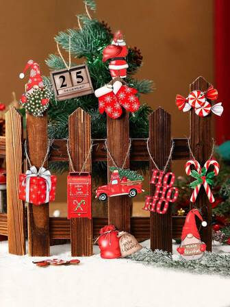 12PCS Mini Tree Ornaments, Wood Hanging Candy Cutouts Red Gnome Santa Claus Truck Gloves Miniature Christmas Decorations With Burlap Rope For Xmas Tree Gift Home Party