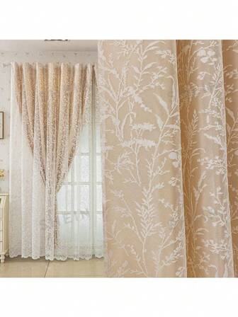 1 Panel Jacquard Leaf Sheer Curtain, Top Rod Pocket Hanging, Blackout & UV Protection, Suitable For Living Room, Bedroom, Office, Balcony, Home Decor