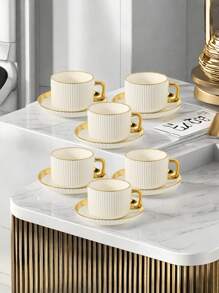 1 Set Ceramic Coffee Cup And Saucer, Ceramic Tea Cup And Saucer Set, European Style Gold Rim Drinkware, Suitable For Breakfast, Tea Party, Afternoon Tea, Home, Garden, Restaurant, Summer And Winter - Multicolor - View 3