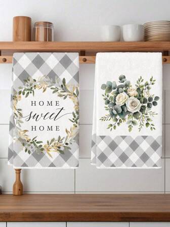 مجموعة منشفة مطبخ من الأوكالبتوس الأخضر 2 قطعة، منشفة يد من البوليستر بنقشة الزهور، قماش مبلل ناعم جدًا، قابل للغسل في الغسالة، مثالي كهدية للمناسبات والديكور المنزلي.