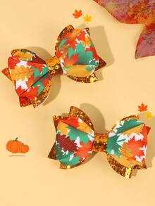 2pcs Thanksgiving Maple Leaf Printed Hair Bows For Women Girls Gold Glitter Bow Alligator Clips Maple Leaf Hair Clips Sparkly Holiday Barrettes Thanksgiving Gift Hairpins Women Hair Accessories, Claw Clips, Hair Claws, Hair Slide, Hair Barrettes