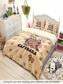 Conjunto de capa de edredom estampada "Capivara dormindo" para 1/2 pessoa, sem enchimento, adequado para adolescentes, quarto masculino, macio e confortável, presente perfeito para fãs de capivara de desenho animado - conjunto de 4 peças (inclui 1 capa de edredom + 2 fronhas + 1 lençol, sem edredom ou travesseiros)