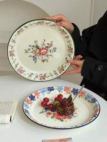 1 Stück Blumen-Emaille-Teller, französischer vintage Blumen-Frisch-Blau Dessert-Teller, Retro-Teller für Pasta, Frühstück, Obst, Suppenlöffel, geeignet für Restaurant, Wohnzimmer, Küche, Geschirr