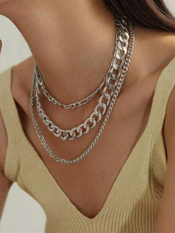 3pcs/Set Punk Silver Jewelry Necklace, Thick Chain Layered Choker Necklace, Edgy & Sweet Hiphop Style For Women, Suitable For Daily Wear