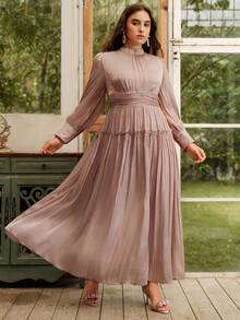 Anewsta Váy dài cỡ lớn cho nữ tay bồng, cổ xếp ly, thiết kế eo, váy dạ hội dài tay - Màu đỏ tím - Xem 6