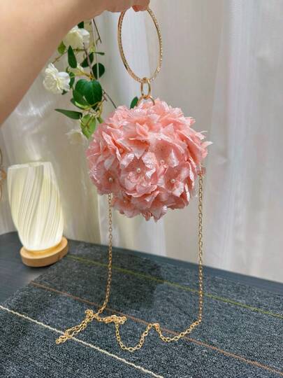 Pink 3D Floral Handbag, Mini Round Ball Bag, High-End Formal Dress Runway Show Clutch