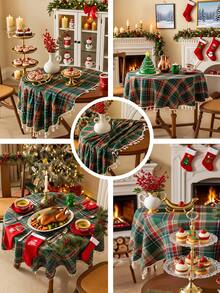 1pc Christmas Green Plaid Tablecloth, Round Table Cover, 47/55inch Diameter, Thick Woven Brushed Fabric, Suitable For Home, Kitchen, Dining Room, Dinner, Gathering, Holiday, Party, Autumn, Christmas, New Year Decoration, Happy New Year