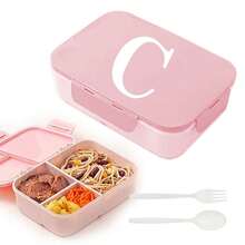 Caja de almuerzo de plástico con 3 compartimentos y patrón de 26 letras, de gran capacidad, apta para microondas, contenedor de almacenamiento de alimentos, caja bento portátil con cuchara y tenedor, adecuada para picnic, oficina, aperitivos - Rosa - Ver 29