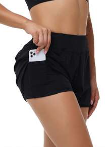 High Waisted Athletic Shorts For Women 2 In 1 Flowy Running Shorts With Pockets Liner For Gym Workout Track Tennis Golf Shorts - 黑色 - 查看 3