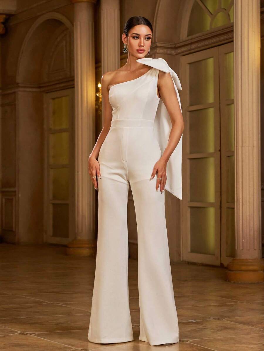 Missord Bộ đồ liền quần ống loe màu trắng có chi tiết nơ một bên vai - trắng - Xem 1