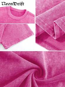 Y2K, Cool,UFO,Outdoor Sport,Modern Streets,Fashionable Pure Cotton Vintage Washed Men's T-Shirt, A Surprise Gift For Family And Friends, With Drooping Shoulder Sleeves And Round Neck,High-Quality Batik Cotton Retro Fashion Brand T-Shirt,A Certain Thickness Suitable For Summer T-Shirts, Holiday Gifts. - Màu Hồng Tươi - Xem 4