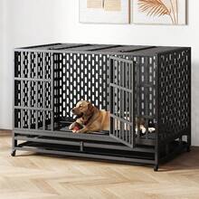 48 Inch Tin Durable Dog Crate, Indoor Escape Proof With Wheels Removable Tray Dog Crate - 48", Black - Xem 2