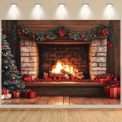 A Christmas Fireplace Scene Backdrop, Perfect For Holiday Parties And Birthday Photos, Studio-Quality Prop, Home Garden And Patio Decoration, Christmas Party Supplies.