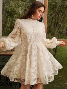 Anewsta Women's Elegant Floral Embroidered Lantern Sleeve Stand Collar Waist Cinch Mesh Midi Dress, Boho Spring Outfits For Plus Size