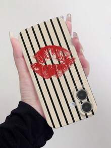 1pc Minimalist Striped Red Lip Pattern Glossy Hard Phone Case Compatible With IPhone 11, 12, XR, 13, 13 Pro, 13 Pro Max, 14, 14 Pro, 14 Pro Max, 15, 15 Pro, 15 Plus, 15 Pro Max, 16, 16 Pro, 16 Plus, 16 Pro Max, 16e - Multicolor - View 4