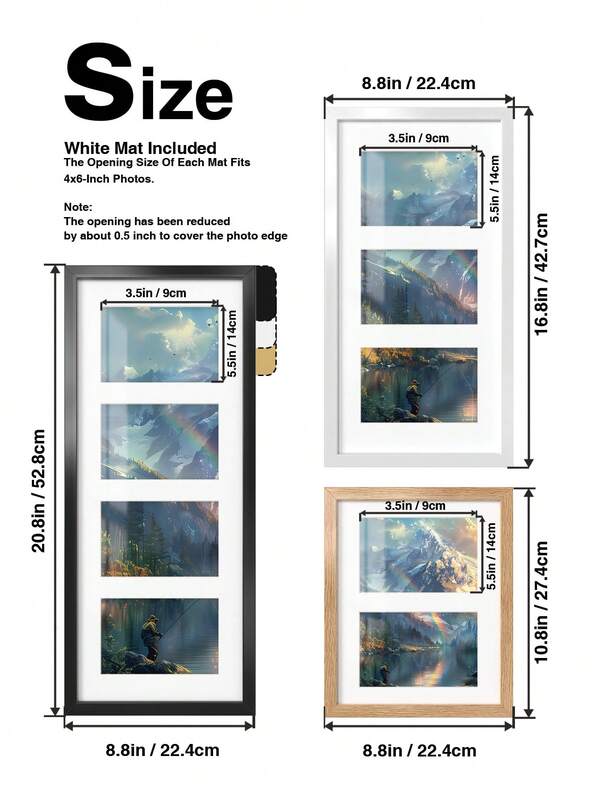 Multi-Photo Frame, Classic Black/Matte White/Natural Wood, Suitable For 4x6 Inch Photos, Displays 3.5x5.5 Inches, Available In 8x10, 8x16, And 8x20 Inches, Wall Mounted Photo Frame, Portrait Frame, Landscape Frame, For Star/Moon, Interior Decorations