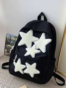 5个立体绣花星星夏季新款少女双肩包减龄学院风轻便大容量星星立体饱满不掉毛高密度面料耐磨耐用 - 黑色 - 查看 2