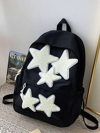5 Three-Dimensional Embroidered Stars, Summer New Girlish Double-Shoulder Bag, Age-Reducing School Style, Lightweight Large Capacity, Stars Are Three-Dimensional And Full Without Shedding, High-Density Fabric Is Wear-Resistant And Durable