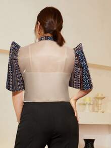 Amyenjoylife 女式春夏菲律宾风格花卉优雅泡泡袖立领纽扣前开襟衬衫，菲律宾风情服饰 - 香檳色 - 查看 2