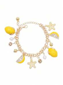 1pc Elegant Women's Jewelry - Starfish, Lemon, Rhinestone & Pearl Fruit Beach Bracelet, Ocean Style Design, Suitable For Vacation Wear - #4 - View 12