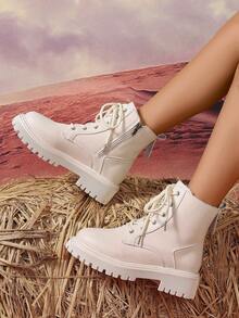 2025新款秋冬'女鞋'厚底大码学生鞋'时尚百搭休闲'女鞋'侧拉链'学生鞋'青少年中学生鞋'学生靴'休闲踝靴 - 白色 - 查看 3