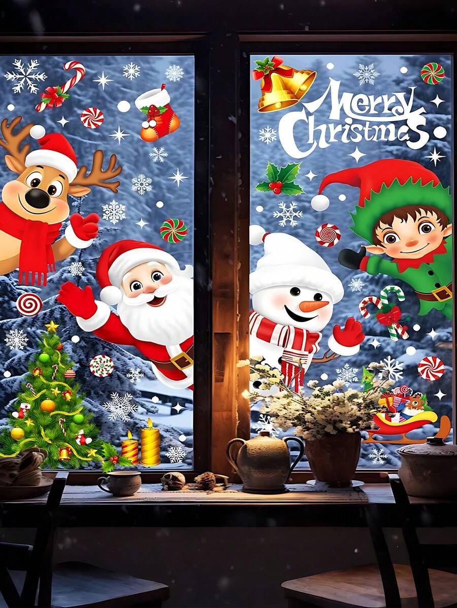 268pcs/9Sheets Christmas Window Clings For Glass, Christmas Window Decorations Snowflake Santa Reindeer Snowman Stickers For Wtiner Holiday Indoor Windows Decorations Decals,Indoor Christmas Stickers, Christmas Party Decorations,Winter Frozen New Year Party Supplies Wonderland Decorations,Christmas Decorations Home,Christmas>Decoration - Multicolor - View 1