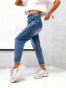 Women's Casual Skinny Jeans, Solid Gray Color, Denim Fabric With Pockets And Zipper, Suitable For Spring, Summer, Winter - Blue - View 3