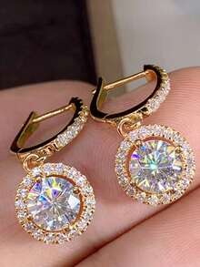 Nooxian 1 par de pendientes geométricos de diamante para mujer, pendientes brillantes para boda y fiesta, pendientes de aro redondos y rectangulares con incrustaciones de cobre y circonita cúbica - Amarillo Oro - Ver 4