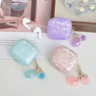 1-Pack Iridescent Shell AirPodsCase With Pearl Charm, Stylish Purple & Blue Glitter TPU Cover, Shockproof & Dustproof Design, Compatible With AirPods1/2/3/4/Pro/Pro (2nd Gen) – Gift For Teens & Everyday Use