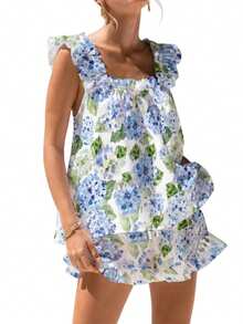 Womens Ruffle Pajamas Set 2 Piece Summer PJs Floral Pajama Ruffle Trim Cami Top And Shorts Lounge - Blue and White - View 2