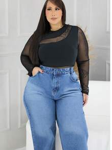 Women's Wide Leg Plus Size Jeans With Belt - Blue - View 3